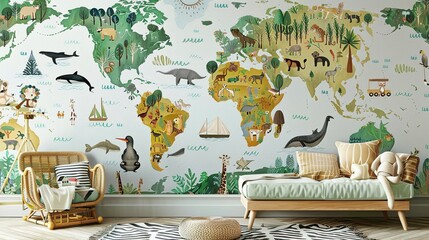 Wall Mural - Jungle Photo Wallpaper for Children's Wall Decor: A Drawn Map of the World in Russian for a Children's Room Design