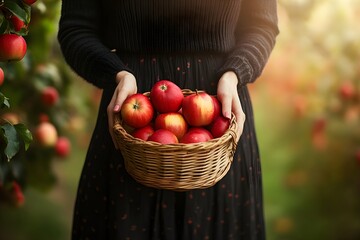 Woman holding basket full of sweet juicy red apples in autumn orchard garden for apple cider or juice. Healthy organic local food. Autumn harvest season and farming. Thanksgiving Day, Mabon, Halloween