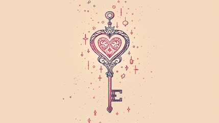 Wall Mural - 96. Adorable illustration of a cute magic key with intricate details and whimsical elements, set against a light background, perfect for fairy tale and fantasy themes