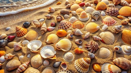 Seashells scattered on a sandy beach , beach, seashells, sand, shore, summer, texture, natural, vacation, tropical, coast