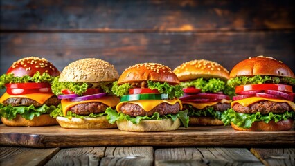 Colorful buffet of assorted burgers on the table, buffet, burgers, colorful, assorted, food, table setting, meal, variety