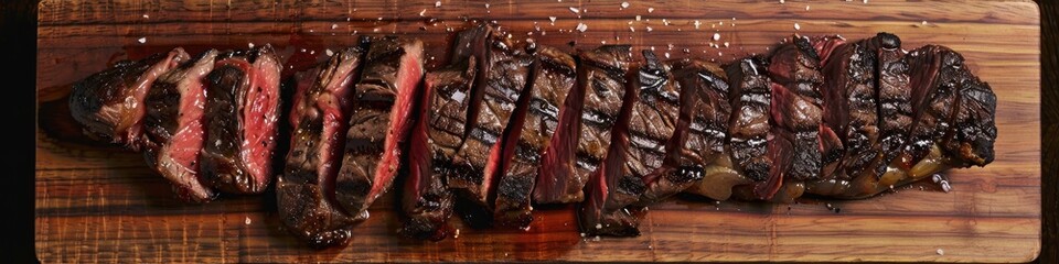 Canvas Print - Sliced Dry Aged Wagyu Porterhouse Steak Presented on a Rustic Wooden Board