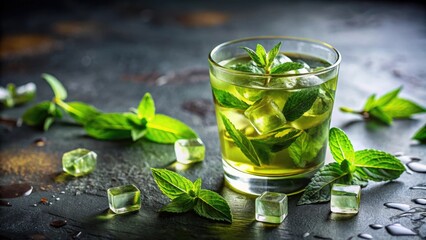 Wall Mural - An invigorating green tea beverage in a clear glass with ice cubes and fresh mint leaves, refreshing, green tea, beverage