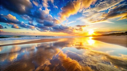 Wall Mural - tranquil sunset reflection on a sandy beach with calm water , sunset, reflection, beach, water, sun,