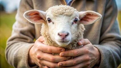 Close up of hands holding a gentle sheep, holding, helpless, sheep, livestock, animal, farm, care, compassion, wool, cute, farming