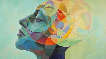 Aufkleber - Abstract portrait of a woman in profile, rendered with colorful geometric shapes and patterns. The image portrays a serene and introspective mood, emphasizing the complexity and beauty of the human