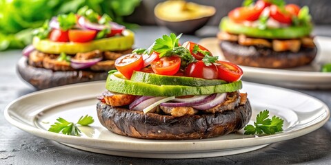 Grilled portobello mushroom stacks topped with tomato, onion, and avocado on a white plate, food, vegetarian, healthy, gourmet