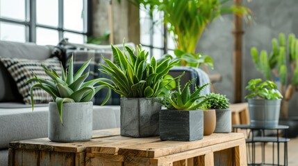 Canvas Print - Modern loft living room with green plants in concrete pots on aged wooden box.