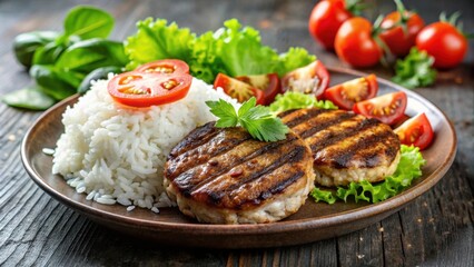 Wall Mural - Grilled cutlets burger served with boiled rice and fresh salad, burger, cutlets, grilled, rice, salad, food, delicious, meal