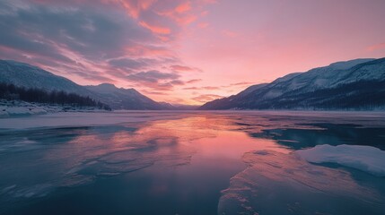 Sticker - Pink Sunset Reflected in Frozen Lake Between Mountains