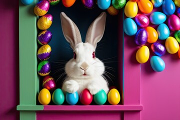 Sticker - Joyful Easter Bunny Hiding in a Colorful Nook with Vibrant Chocolate Eggs on a Festive Wall Decoration