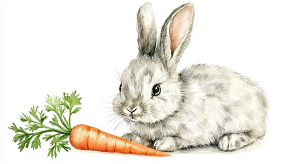 A cute gray rabbit sitting next to a fresh carrot, showcasing a delightful and vibrant illustration suitable for various themes.