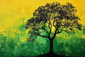 Wall Mural - A vibrant silhouette of a tree against a gradient background of yellow and green, symbolizing nature and tranquility.