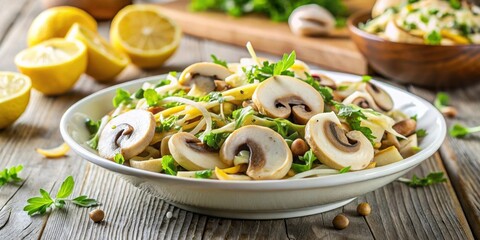 Wall Mural - Salad with champignon and grated lemon peel, selective focus, salad, champignon, grated, lemon, peel, healthy, food