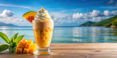 Wall Mural - Fresh mango smoothie with fruit and yoghurt ice cream in a glass with a seascape backdrop. Close-up of tropical dessert