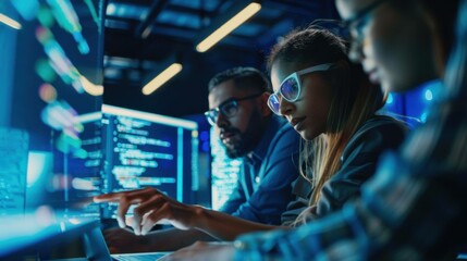 Two diverse developers using a laptop, discussing code on large screens around them. Male and female programmers collaborating on software creation and bug fixing.

