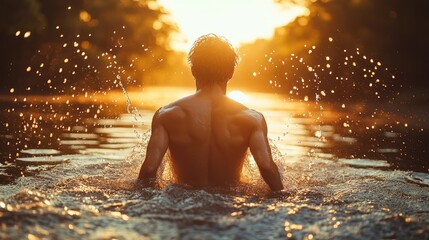 Joyful Young Man Splashing in the Water of a Lake or Sea, Enjoying His Summer Vacation on a Sunny Day, Back View with Copy Space, High-Quality Photo with Bokeh Effect and Natural Sunlight

