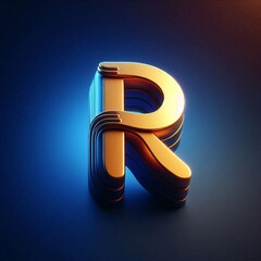 Wall Mural - A golden letter R, with a 3D effect and a slight curve, stands out on a dark blue background with a warm glow behind it.