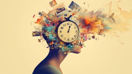 Artistic representation of a silhouette with a clock head and abstract elements exploding from it. The vibrant colors and imaginative design convey a sense of time, creativity, and surrealism.