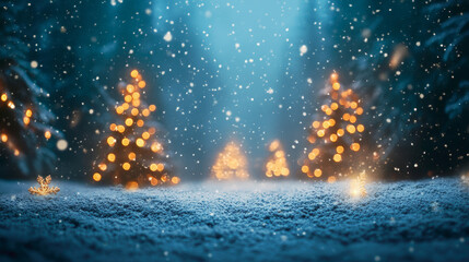 Wall Mural - golden-lit christmas trees in the distance during a snowstorm, with softly falling snowflakes creati