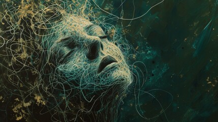 Wall Mural - Surreal digital artwork featuring a serene female face immersed in a tangle of light strands. The ethereal composition and teal hues evoke a dreamlike, meditative atmosphere.