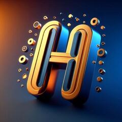 Wall Mural - A 3D golden letter H with a black outline against a gradient blue background with floating gold and black circles.