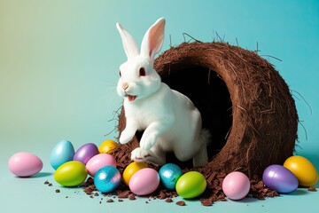 Wall Mural - Vibrant Easter Bunny Leaping from Colorful Egg Hole on Pastel Background