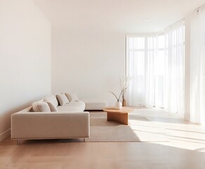 White minimal living room design. white color wall , white ceiling, white minimal sofa against white wooden bookshelf, white interior lightened .Modern living room. Minimalist interior design. Japan