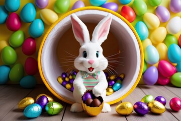 Wall Mural - Cheerful Easter Bunny Revealing Tasty Chocolate Eggs in a Bright Den Against a Lively Background