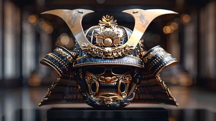 A samurai helmet with gold accents and a blue base generative AI