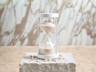 Wall Mural - Elegant hourglass resting on a textured surface, symbolizing the passage of time in a contemporary setting.