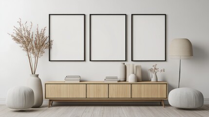 Wall Mural - Minimalist Living Room with Wooden Cabinet, Three Frames, and Decor