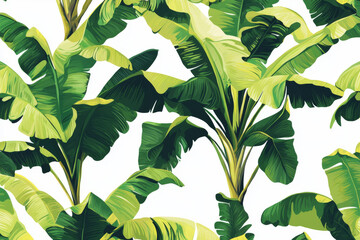 Wall Mural - A vibrant pattern of green banana leaves against a white background, ideal for tropical-themed designs.