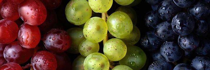 Wall Mural - Close-up of three varieties of grapes: black, green, and red, commonly used as dessert fruits in the agricultural and food supply industry.