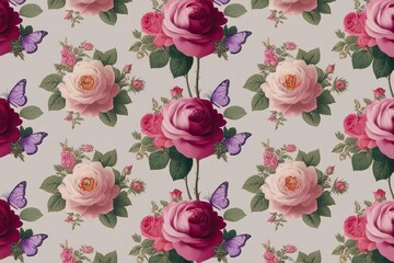 Vintage Rose Floral Design with Lilac Butterfly Accents