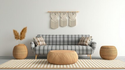 Stylish boho living room with plaid upholstery, woven textures, and macrame decor, creating a harmonious fusion of classic and free-spirited design elements