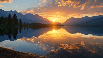 The calm lake surface under the sunset is reflected in brilliant golden light, and the outline of the surrounding mountains is looming, creating a tranquil natural atmosphere.