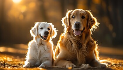 A golden retriever sitting in the warm sun, its hair shining with golden light, and next to it is a cute white dog. The two snuggle up against each other, showing friendship and warmth.