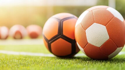 Close-up of soccer balls on a green field with sunlight, perfect for sports, leisure, and athletic themes.