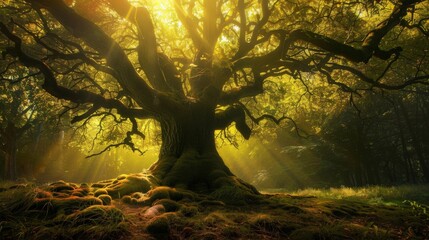 Majestic Ancient Tree with Golden Sunlight in Forest