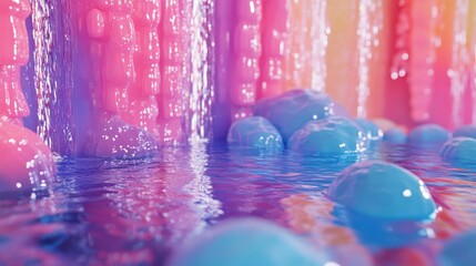 Wall Mural - Abstract Liquid Waterfall with Blue and Pink Bubbles