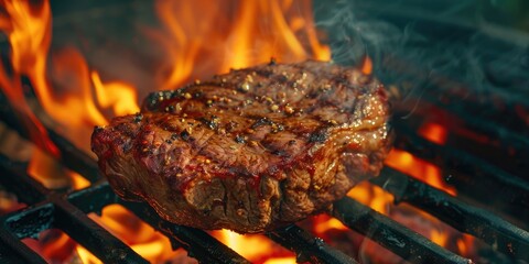 Wall Mural - Close-up of a grilled dry-aged Wagyu roast beef steak sizzling over a charcoal grill with flames and smoke.