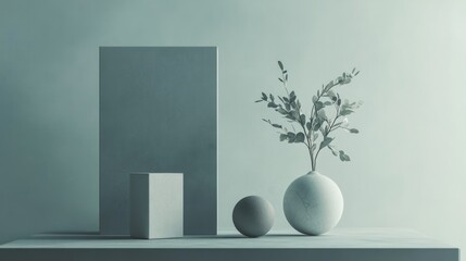 Poster - Minimalist Still Life with a Plant in a Vase and Geometric Shapes