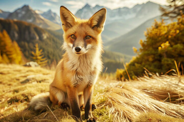 Red Fox Sitting on Mountainside With Blurry Mountain Background