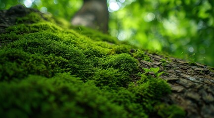 Lush green moss covering a fallen tree trunk in the forest