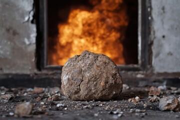 Canvas Print - Burning fire in old fireplace with rock