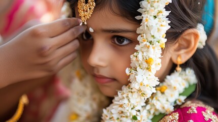 Young Hindu Woman Participating in Traditional Temple Ceremony with Floral Headpiece and Ornaments