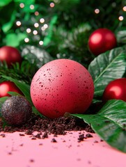 Canvas Print - Festive red ornaments in a lush green environment