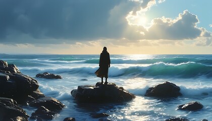 On the rocks by the sea, a blurred figure stood, looking at the rough sea. The sea reflected sunlight, and the scene was full of power and tranquility.