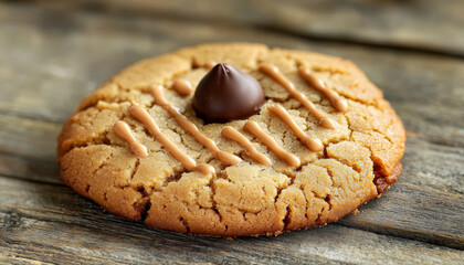 A close-up of a delicious cookie topped with a chocolate kiss and drizzled with caramel, resting on a rustic wooden surface.